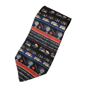 Vintage UNICEF School Teacher Bus Novelty Print Black Silk Tie